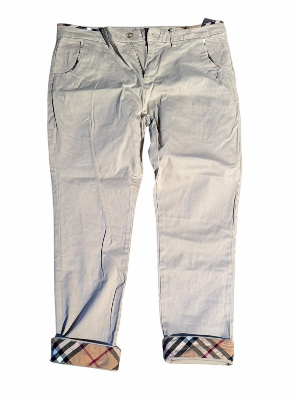 Burberry Women's Cream Ankle Pants with Signature Plaid Cuff